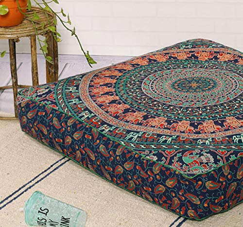 Popular Handicrafts Indischer Hippie-Mandala-Bodenkissenbezug, quadratisch, Ottomane, Pouf Cover Daybed, übergroßer Baumwoll-Kissenbezug mit robustem Reißverschluss, Sitzhocker für Hunde und