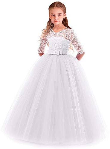 Elegante Vestito per Ragazze Abiti Damigella Manica 3/4 Principessa Abiti Lungo Tulle Pizzo Cerimonia Compleanno Prima Comunione Battesimo Natale Halloween Carnevale Cocktail Bianco 2-3