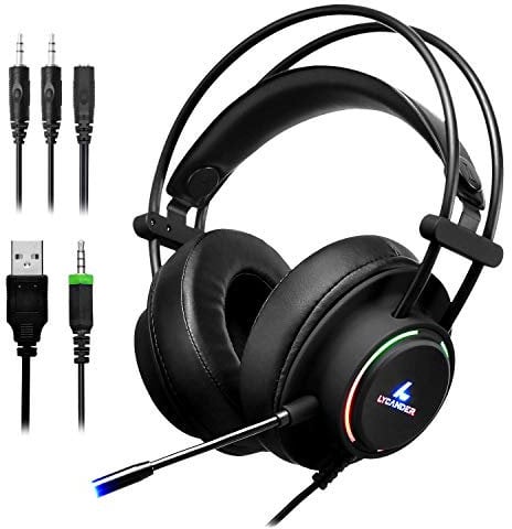 LYCANDER Gaming-Headset mit Mikrofon und LED-Licht, 3,5 mm Eingang, für PC, PS4, Xbox One, Nintendo Switch und mehr (Comfort - Schwarz und Regenbogen)