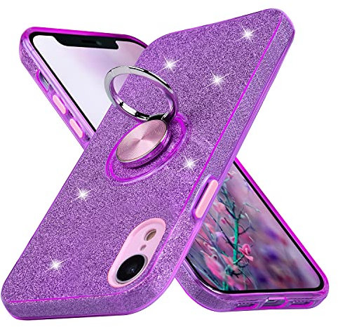 wisdompro Glitter Case for iPhone XR 6.1 Inch, Cute Bling Sparkle Protective Shockproof Phone Case Cover with 360° Ring Holder Kickstand, Anti-Scratch - Purple