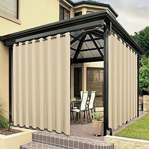 BONZER Extra breite, wasserdichte Outdoor-Vorhänge für Terrasse, schwer, Privatsphäre, Sonnenlicht blockierend, Ösen, Außenvorhänge für Veranda, Pergola, Pavillon, 1 Stück, 380 x 213 cm, Creme