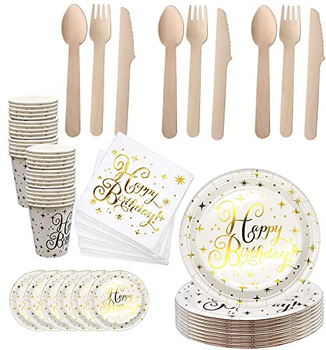 80 Pièces Vaisselle de Fête, Vaisselle en Papier, Vaisselle de Fête D'or, Fête Assiette en Papier Tasse Papier, Serviettes, Fourchettes, Cuillères et Couteau, pour les Fêtes (10 Personnes)