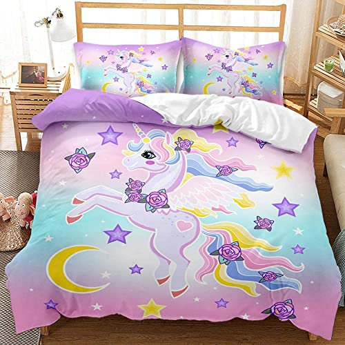 TULTOAP Bettwäsche Einhorn 135 x 200cm Rosa Mädchen Bettwäsche Set Süßer Cartoon Regenbogen Einhorn Motiv Bettbezug mit Kissenbezug (A)…