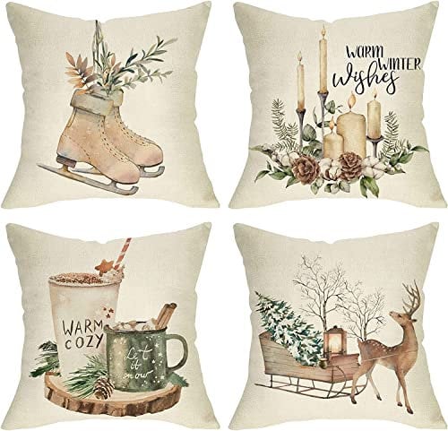 Ussap Warm Winter Wishes Dekorative Wurfkissenbezug 4er Set Rentier Elch Skating Stiefel Let It Snow Dekoration, Weihnachten Tannenzapfen Kerze Heißer Kakao Bauernhaus Sofa Kissen Fall Dekor 20x20