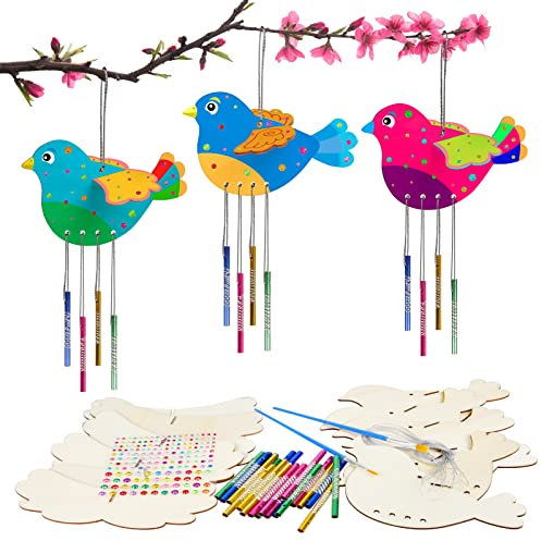 WEDNOK Vogel-Windspiel-Bastelset für Kinder, Holzvogel, Windspiel-Set, 3D-Vögel, DIY-Windspiele für Jungen, Mädchen, Garten, Innen- und Außenbereich, Frühlingsdekoration, Geburtstagsgeschenk, 6 Stück