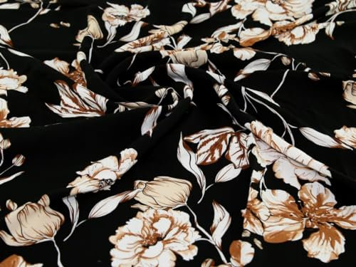 Kleiderstoff mit Blumenmuster, Viskose, Challis, Meterware, Schwarz