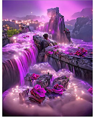 DCIDBEI 40x50CM Diamond Painting Paesaggio Mare Fiori Viola,Creazione Mosaici Quadrato,Kit Pittura Diamantata DIY Bambini Adulti,Decorazione Parete Interna Con Strumenti,Cascata Viola