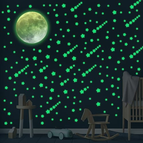 KAMEUN 334 Stück Leuchtsterne Selbstklebend Wandsticker, 334er Leuchtsticker Sterne und 1er Mond Sternenhimmel Aufkleber, Leuchtaufkleber für Kinderzimmer Schlafzimmer