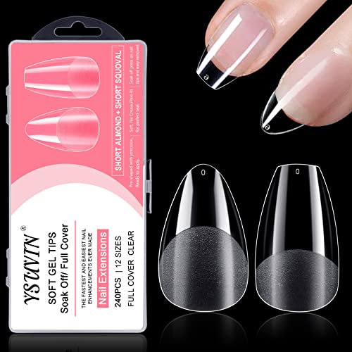 YSUVIN Nageltips 240 Stück Fake Nails Transparent, 12 Größen Kurze Mandel und Kurzes Quadrat Rund, Künstlich Nagelspitzen Nails Tips für Nageltechniker, Anfänger, Maniküre Salons
