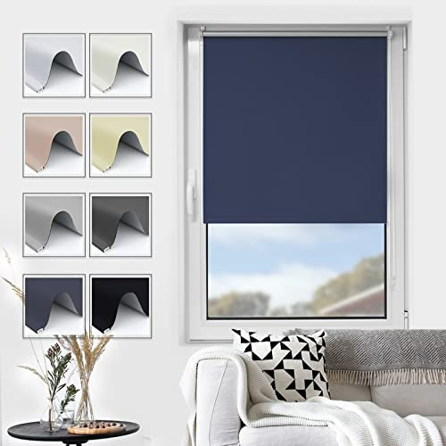 Grandekor Verdunkelungsrollo Klemmfix ohne Bohren mit Klämmträgern Dunkelblau 100x150cm(BxH), Lichtundurchlässig Verdunklungsrollo Sichtschutz Fensterrollo Seitenzugrollo Thermorollo