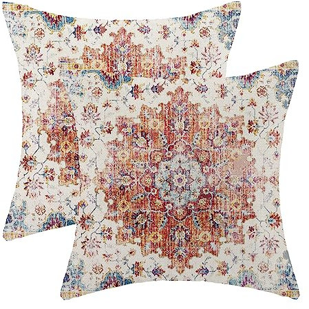 Boho-Kissenbezüge, 45,7 x 45,7 cm, 2 Stück, ethnisches Design, dekorative Bohemia-Dekokissen, Leinen, Orange, Blau, Teppichmuster, Bauernhaus-Kissen, Outdoor-Kissenbezüge für Sofa, Couch,