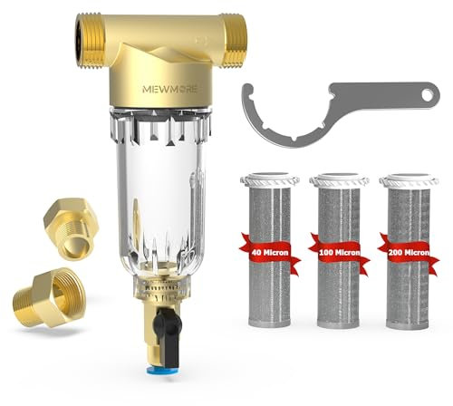 MewMore 40/100/200 micron Spin Down filtro sedimenti, filtri depuratore acqua prefiltro acqua riutilizzabili per tutta la casa, 1'' MNPT + 3/4'' FNPT + 3/4'' MNPT