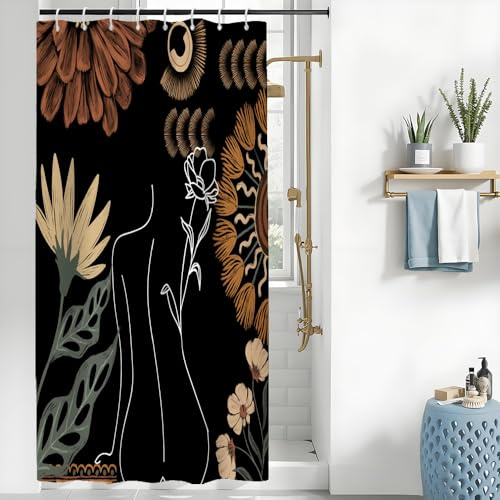 Uiiooazy Rideau Douche Anti Moisissure, Rideau Douche Noir Blanc 120x200cm Tissu Lavable Boheme Fleuri Rideaux de Baignoire Jungle Abstrait Tropical Imperméable Rideaux Salle de Bain avec 8 Crochets