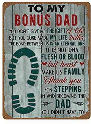 Plakette Poster To My Bonus Dad Poster Fußschritt Kunstdruck Geschenke für Papa Bedeutungsvolles Zitat Step Father No Fame Metallschild Plaqu Poster Vintage Metall Blechschilder für Küche, Ba
