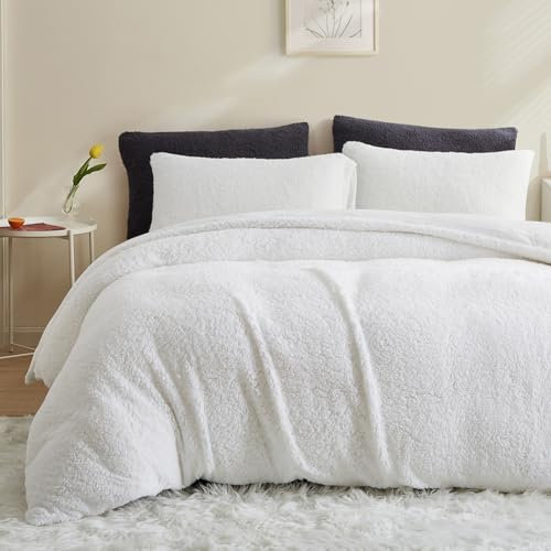 AShanlan Winter Feece Bettwäsche 220x240 Cashmere Touch Super Warme Sherpa Bettbezug Flauschig Teddy Fleece Flanell Deckenbezug mit Reißverschluss und 2 Kissenbezug 80x80 cm Weiß