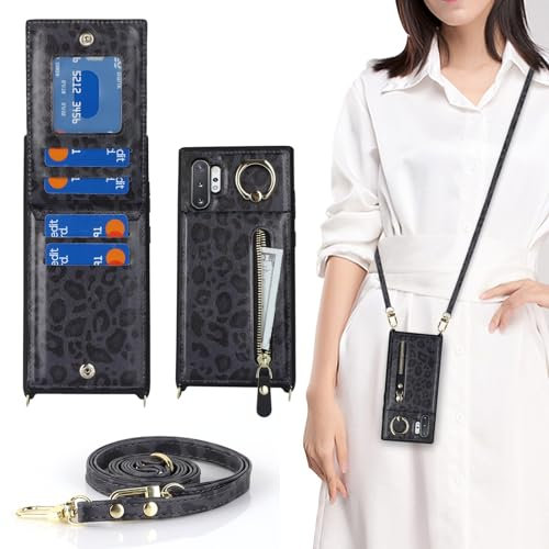 Zouzt for Samsung Galaxy Note 10 Plus Case with Cord and Card Holde, Zipper Wallet Case with Crossbody Lanyard Ring Adjustable Necklace Cover Women for Samsung Galaxy Note 10 Plus - Black Leopard