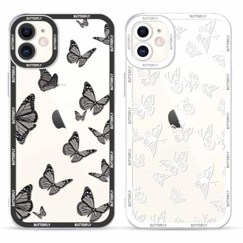 Yoedge 2 Pack Cute Transparent Print Suitable for iPhone 12 Mini 5.4 Inch Phone Case, Butterfly Aesthetic Pattern Shell Soft Silicone Shock-Absorbing Cover, Suitable for Women and Girls