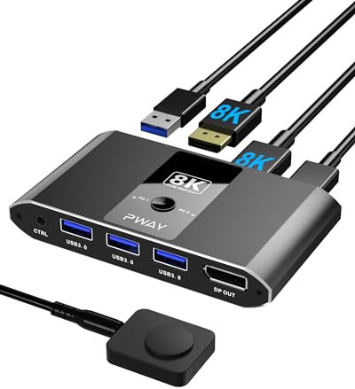 PWAY USB 3.0 KVM Switch DisplayPort 2 PC 1 Monitor 8K@60Hz DP KVM Switches für 2 PCs teilen sich 1 Monitor und USB-Geräte, unterstützt Kabelfernbedienung und Tastenschalter, EDID...