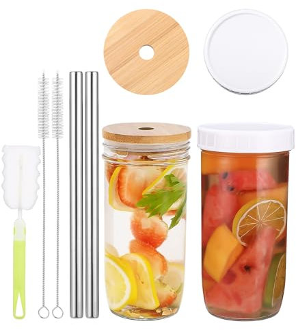 Jissta 730ML Bubble Tea Becher 2er, Trinkbecher Gläser mit Deckel und Strohhalm, Trinkgläser Bubble Tea Set, Wiederverwendbaren Becher für Iced Coffee, Smoothie, Cocktail, Bier