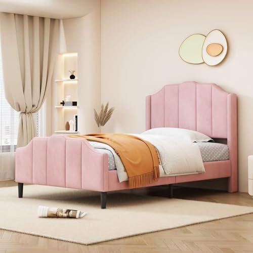 KOMHTOM Lit Simple Rembourré avec Sommier à Lattes en Bois, Lit d'adolescent avec Tête de Lit, Cadre de Lit Plateforme, Moderne, Chambre à Coucher (sans Matelas) (Rose, 90x200 cm)