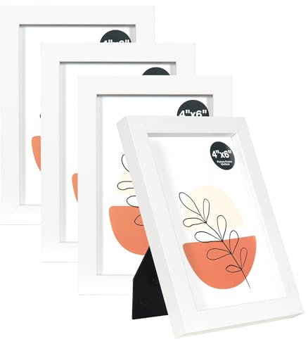 KAIWIN Bilderrahmen Weiß 10x15cm 4er Set, Holz Fotorahmen mit Acrylglas zum aufhängen und aufstellen, MDF-Holzrahmen für Fotos, Bilder