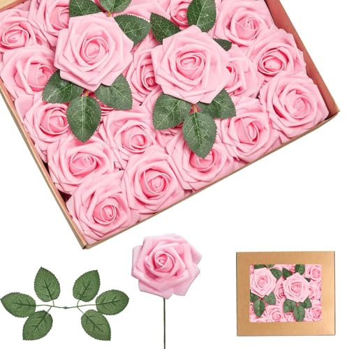 Lot de 25 roses artificielles en mousse au toucher réaliste avec tiges pour décoration de mariage, fête prénatale, Saint-Valentin, Noël, mariage
