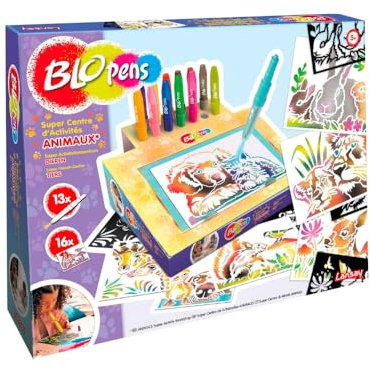 Lansay - BLOPENS - Super Activity Center Tiere - Neu - 16 Schablonen mit Airbrush-Effekt - Box, die in ein Pult umgewandelt werden kann - Waschbare Stöpsel - Kreatives Spiel für Kinder Ab 5 Jahren