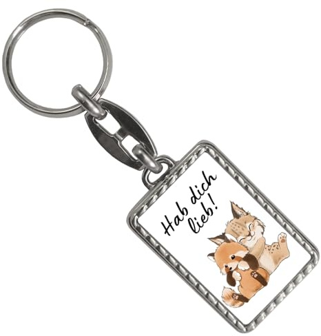 speecheese Luchs und Panda Schlüsselanhänger mit Bordüre mit Spruch Hab dich lieb Paar-Schlüsselanhänger mit Bordüre Freunde Umarmung Liebe Partner Valentinsgeschenk Raubkatze