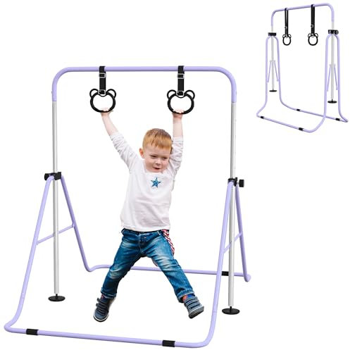 HOMCOM Kids Gymnastics Bar, Horizontal Bar for Kids, Adjustable Height Folding Gymnastics Equipment with Rings, Non-slip Rubber Floor Rings, for Home, Flat, Purple
