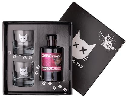 BÖSER KATER Wildberry Eistee Aperitivo Geschenkset mit 2 Gläsern 0,5l | Waldbeeren Frucht Likör | Erfrischender Aperitif | Ideal als Spritz oder Tonic Cocktail | Geschenkidee 15% Vol.
