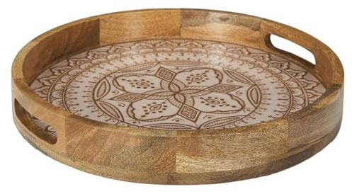 HOME DECO FACTORY - KA0577 Plateau Rond en Manguier Dune Terracotta, Design Élégant, Service de Table, Décoration, D35 cm, Couleurs Marron, Blanc, Orange