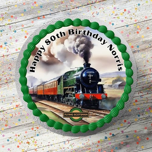 Flying Scotsman Steam Train Cake Topper 7.5 Inch Round | Personalised, Themed, Precut, Edible Icing Sheet, Birthday Cake Decoration