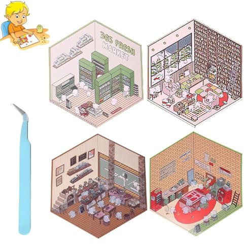 4 Stück 3D Sticker Scene, 3D House Sticker Set, 3D Sticker, Bauen Sie Ihren eigenen Lebensmittelgeschäft/Bäckerei/Waschküche/Arbeitszimmer, Fun Cute Scene Stickers Relief Stress for Adult Kids