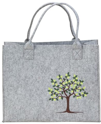 MF Borsa in feltro grigio con motivo albero della vita, altezza 28 cm, larghezza 35 cm, profondità 14 cm, grigio., 28x35x14 Centimeter