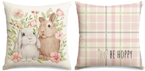 2 Stück Ostern Kissenbezug Hase, Dekorative Kissenbezüge Ostern, Leinen Kissenhülle Hase Kissenbezug Ostern 45 x 45 cm, Ostern Kissenhüllen Hase für Couch Schlafzimmer Wohnzimmer Garten Zuhause Deko