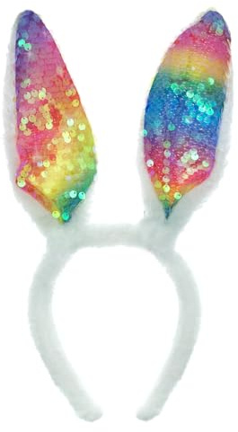 Oblique Unique Haarreifen mit Hasen Ohren Pink und Rainbow Pailletten Haarreif Hase Kostüm Accessoire für Mädchen Damen Fasching Karneval Motto Party