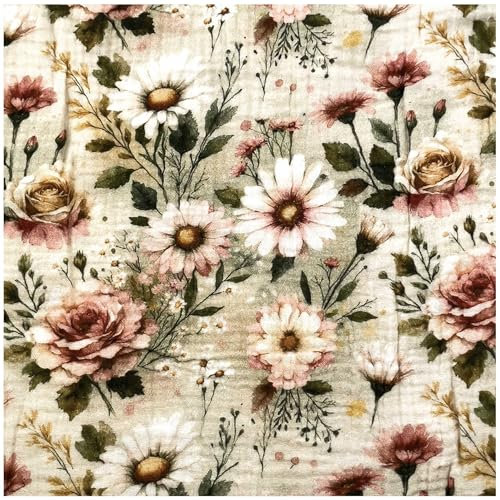 Musselin Flower Double Gauze Digital Print ab 0,5m x 1,38m Baumwollstoff Meterware, Motiv:Blumen 5