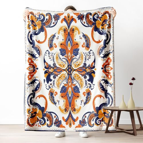 Pggong Paisley Floral Blatter Flauschig Decke 70x100cm, Boho Ethno Abstrakt Kuscheldecke Weiche Flanell Couchdecke, Vintage Blumenmuster Fleecedecke Waschbar Wohndecke für Bett Sofa