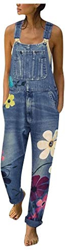 YIzdegg Latzhose Damen Sommer Jeans Arbeitslatzhose Mit Taschen Größen Bunte Blumenmuster Druck Spaghetti-Träge Sommeroverall Jeanslatzhose Ärmellos Baggy Jeansoverall Bequemer Stretch Hosenanzug