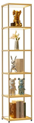 IUXPAM Ausstellungsregal mit dimmbarer LED-Stehlampe, Vitrine mit Bücherregal aus Glas, Heimdekor, Schlafzimmerdekor, Bücherregal mit Licht, offenes für Wohnzimmerdekor (5 Tier)