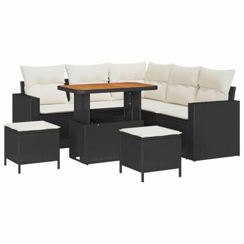 vidaXL 8-teiliges Garten-Sofa-Set mit Kissen in Schwarz aus Poly Rattan und Akazie – für entspannte Stunden im Freien. Ideal für Terrasse und Lounge, modernes Design, Verstellbarer Komfort.