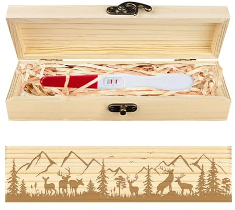 CHGCRAFT Schwangerschaftstest Geschenkbox Wald und Hirsche Hölzerne Schwangerschaftsankündigung Geschenke Box mit Raffia Band und Schloss Ankündigung Geschenke für Papa Ehemann, 20×5×3cm
