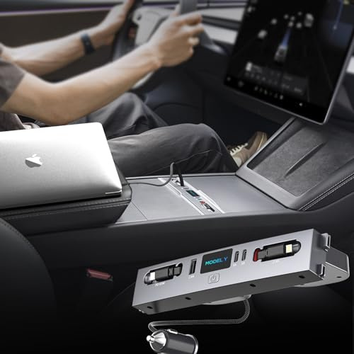 Mowlicas Hub USB max 127 W pour Tesla Model Y (Juniper) 2026/2025, chargeur super rapide jusqu'à 65 W pour ordinateur portable, iPhone 16/15 et plus, câble rétractable et station d'accueil à 3 ports