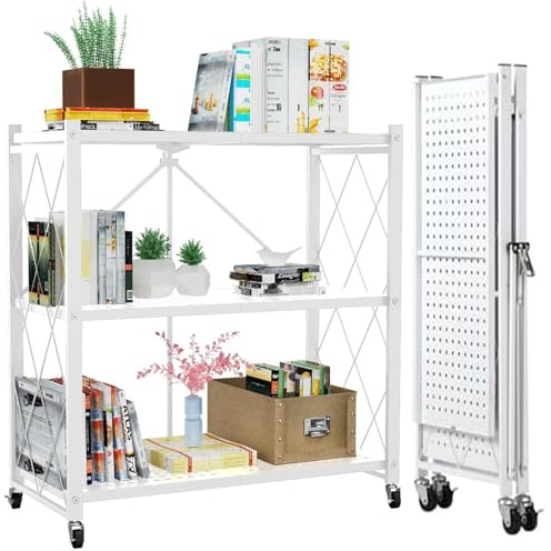 3-Ebene klappbares Metalllagerregal mit Rädern, 28,15 W x 15,55 D x 34,25 H, 550 lbs Ladekapazität, Heavy Duty Kein Montageorganisatoregal für Speisekammer, Küche, Garage, Keller (Weiß, 3-Tier)