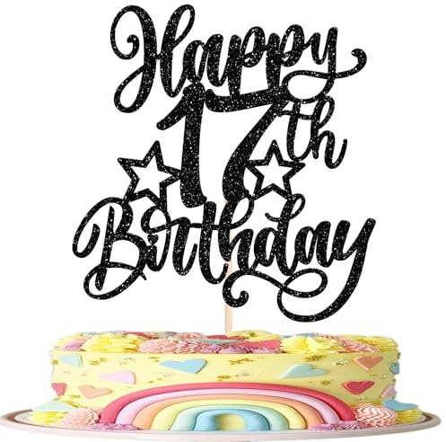 Xsstarmi 1 Packung Tortendeko 17 Geburtstag Junge Mädchen Happy 17th Birthday Kuchen Deko Alles Gute zum Geburtstag Cake Topper für 17 Jahre Birthday Party Kuchen Dekoration Schwarz