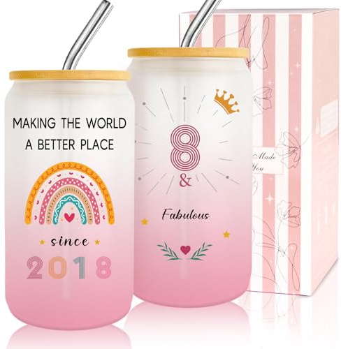 Zyphoria 8 Year Old Girl Gift,8th Birthday Gifts for Girls,Happy 8th Birthday Glass Cup With Lid and Straw Gift Ideas, Gifts for 8 Year Old Girls,8th Birthday Decorations for Daughter,Niece,Sister-1pc