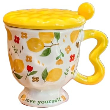 Kaffeetasse Teetasse Lustige Tassen Geschenke für Frauen Kaffeebecher Tasse Personalisiert Cappuccino Tasse Beste Freundin Geschenk Keramik 400ML Gelbe Zitrone (Tasse + Deckel + Löffel)