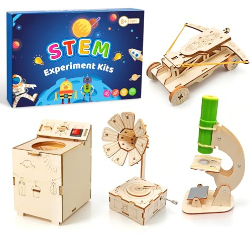 JTgugu 4 Stück Experimente für Kinder ab 8 9 10 11 12, Elektronik Baukasten | DIY STEM Spielzeug, Holz Wissenschaft Bausatz Set 3D Puzzle Gebäude Experimentierkasten Geschenk ab 8-14 Jahre Jungen