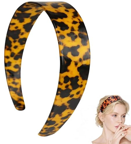 Breites Schildpatt-Stirnband mit Zähnen, Premium-Acetat-Anti-Rutsch-Haarband für Frauen, flexibler Leopardengriff für Make-up & Büro, schmerzfreies Tragen den ganzen Tag (Gelb)