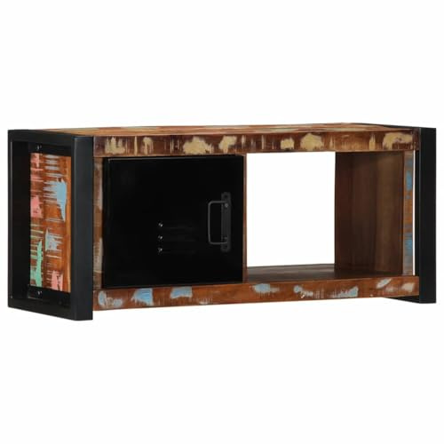 pokgdf Robuster Fernsehschrank mit industriellem Stil aus massivem Altholz (80x30x35 cm) - TV-Schrank mit Stabiler Oberplatte, Eisengestell, Metallgriffen und Schubladen